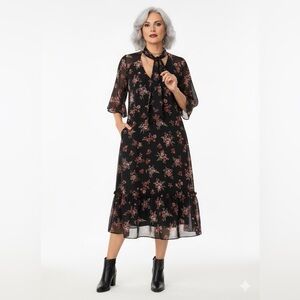 CITY CHIC Floral Chiffon Midi Dress Tie Neck Ruffle Hem Plus Size 22 🌸🖤
